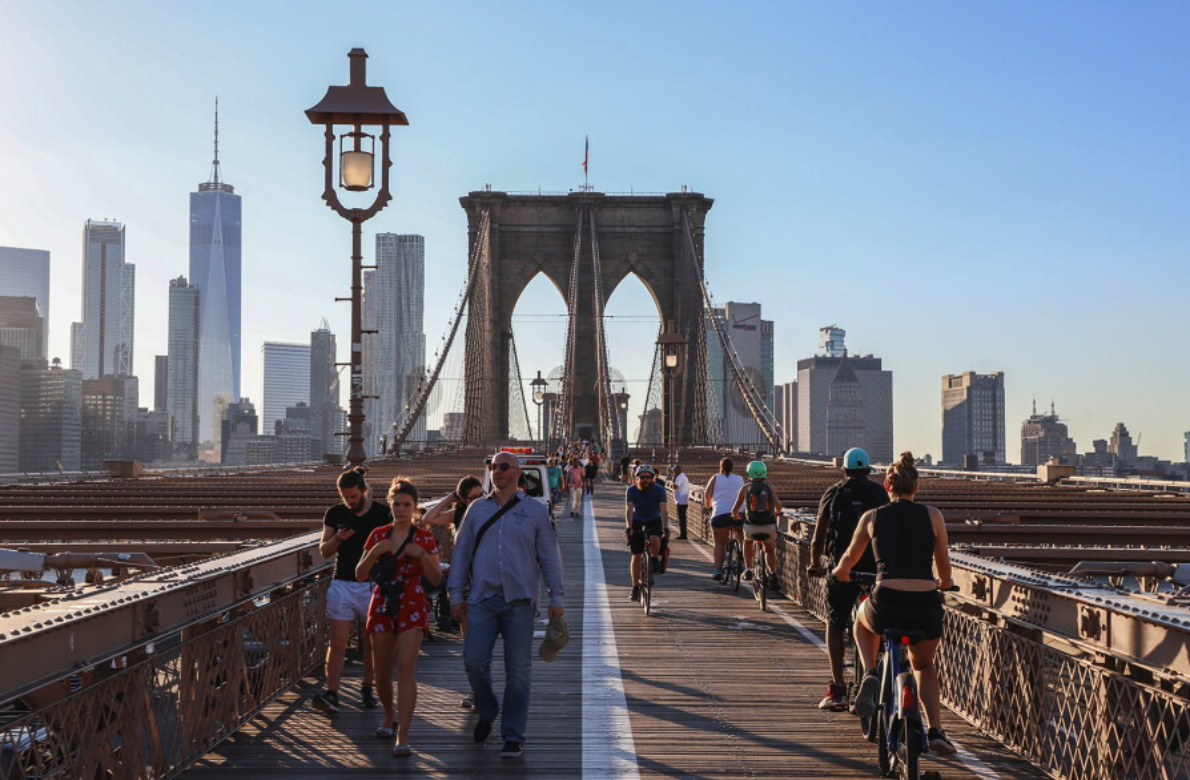 The Brooklyn Bridge promenade on a bright day